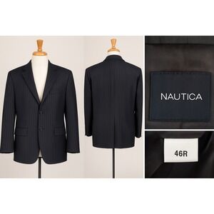Nautica Men Blazer 46R Navy Pinstripe Wool Blend Sport Coat 3 Button Notch Lapel